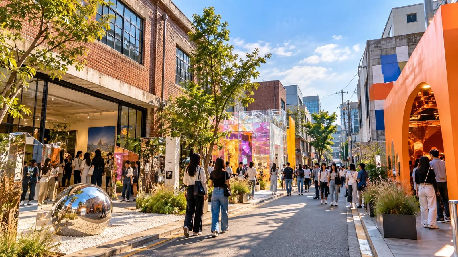 Editorial illustration of Seoul's Seongsu district inspired by its pop-up and creative retail culture.
